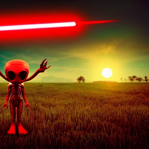 Prompt: detailed alien standing in field, with red lightsaber, gloomy nemobo at sunset