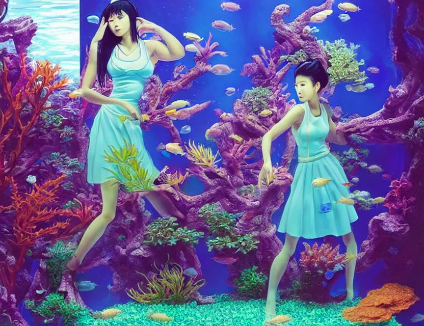 Prompt: southeast asian scifi alchemist in an aquascaped freshwater aquarium, wearing a lovely dress with vaporwave elements. this oil painting by the award - winning mangaka has an interesting color scheme and impeccable lighting.