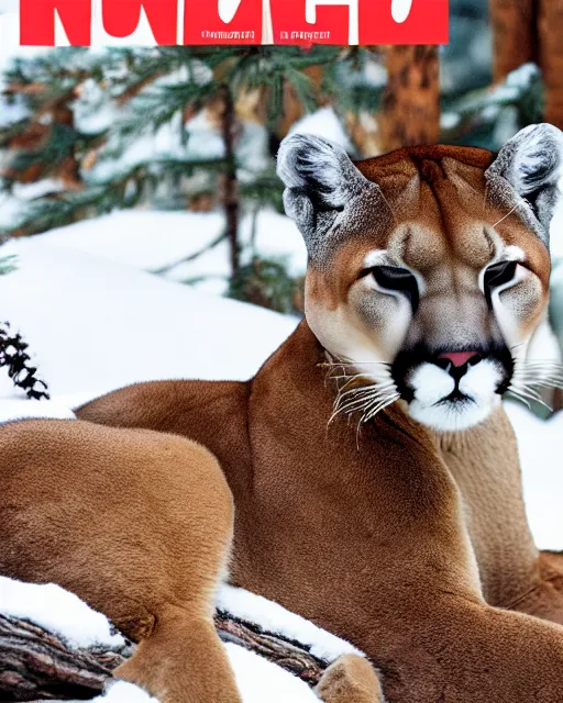 Image similar to magazine article showing 'a cougar sleeping in the middle of snowy pine tree' laying on coffee table, zoomed out shot, HD, iphone screenshot