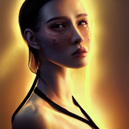 Prompt: half - electric striking woman, complex and hyperdetailed technical, rays and dispersion of light, noise film photo, cute - fine - face, pretty face, oil slick hair, realistic shaded perfect face, extremely fine details, realistic shaded lighting, dynamic background, artgerm, 8 k ultra realistic, highly detailed, kan liu