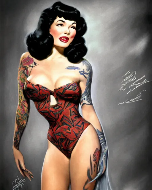 Prompt: closeup dream photo of a beautiful bettie page with long dark wind blown hair and tattoos in a photo studio, rim lighting, glamour pose, hyper realistic, concept art, intricate, hyper detailed, smooth, ambient volumetric lighting, high contrast, pinup, vibrant, hd, octane, gil elvgren, arney freytag, alberto vargas, 1 9 4 5