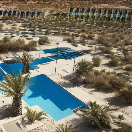 Image similar to brutalism conceptual hotel in the desert, biophilia mood, pool, garden, highly detailed, cinematic, photorealistic,