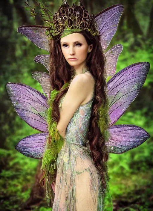 Image similar to beautiful beautiful full body portrait fairy faerie fey fae queen standing in forest highly detailed subtle enchanting alluring magic