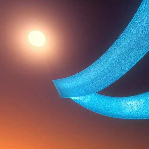 Image similar to Render of a beautiful spiraling gigantic radiant blue crystal, golden hour, serene, far away shot, hyperdetailed, trending on Artstation, Unreal Engine 4k