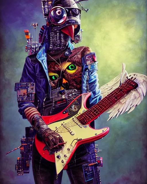 Image similar to a portrait of an anthropomorphic cyberpunk falcon shredding an electric guitar by sandra chevrier, by jon foster, detailed render, tape deck, epic composition, cybernetics, 4 k realistic, cryengine, realistic shaded lighting, sharp focus, masterpiece, by enki bilal