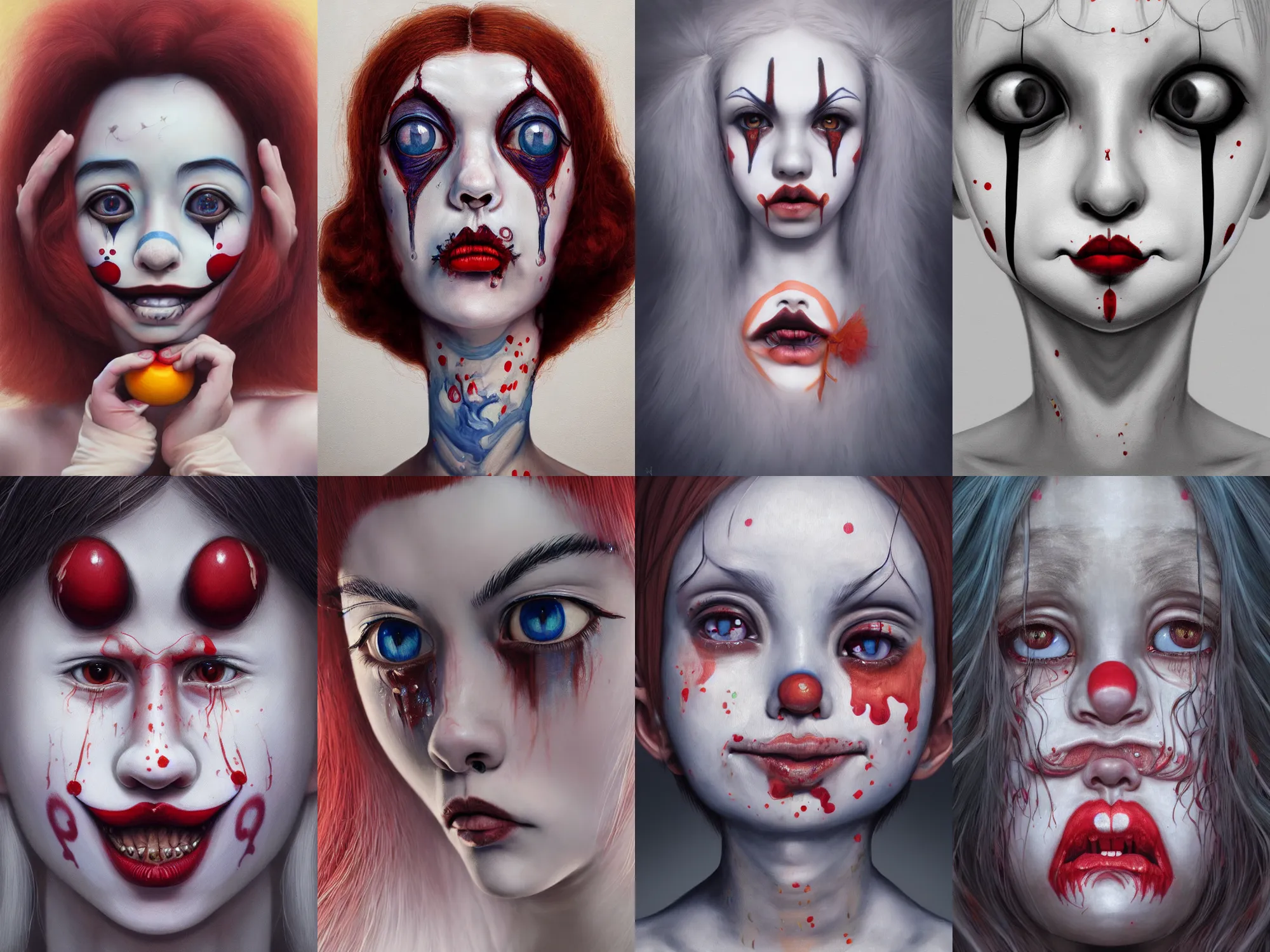 Prompt: detailed painting of clown girl crying, piercing eyes, symmetrical, james jean, miho hirano, hyperrealistic, octane render, ambient light, dynamic lighting
