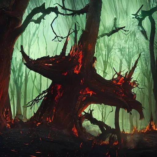 Image similar to a battle between the forces of hell and the forces of heaven in a magical forest. The forest is burned with charred trees. Lots of holy and damned magic is used