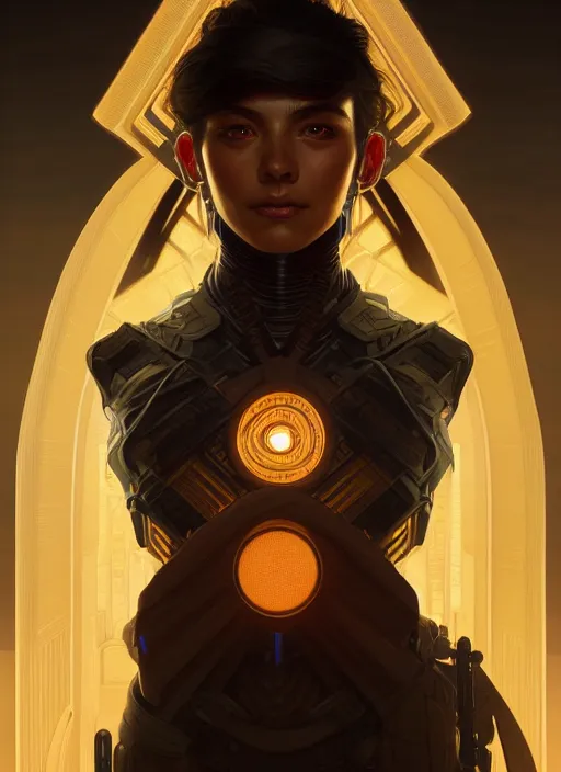 Image similar to symmetry!! portrait of ancient soldier, sci - fi, glowing lights!! intricate, elegant, highly detailed, digital painting, artstation, concept art, smooth, sharp focus, illustration, art by artgerm and greg rutkowski and alphonse mucha, 8 k