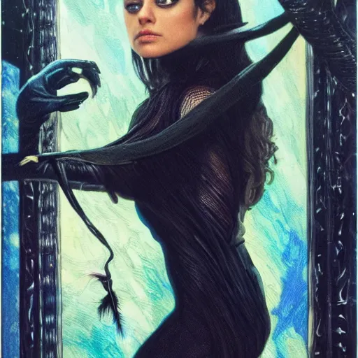 Image similar to mila kunis as the dark swan queen, black feathers instead of hair, feathers growing out of skin, black bodysuit, disney villain, dark fae, moulting, suspended in zero gravity, on spaceship with cables hanging down, highly detailed, mike mignogna, ron cobb, mucha, oil painting