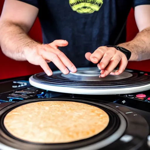 Image similar to a disc jockey is scratching with an Israeli pita bread on a turntable, wide shot