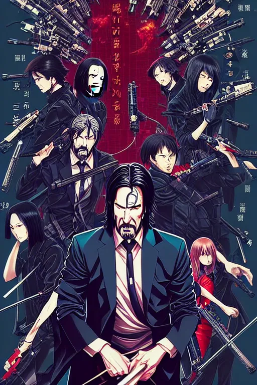 Image similar to poster of john wick, in anime style, by yoichi hatakenaka, masamune shirow, josan gonzales and dan mumford, ayami kojima, takato yamamoto, barclay shaw, karol bak, yukito kishiro