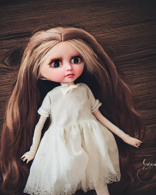 Image similar to high quality presentation photo of a cute pocelain doll, Nicoletta Ceccoli style, photography 4k, f1.8 anamorphic, bokeh, 4k, Canon, Nikon