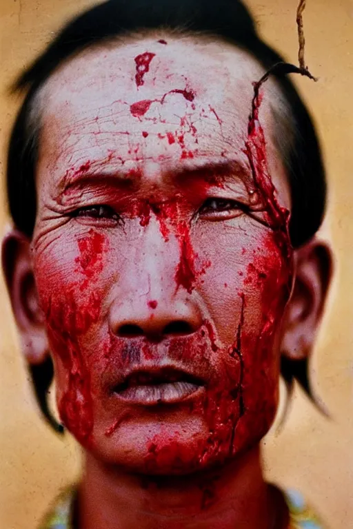 Prompt: ultra realistic vintage photo portrait of a tibetan man with a deep bloody hole on the middle of his forehead, by Annie Leibovitz,