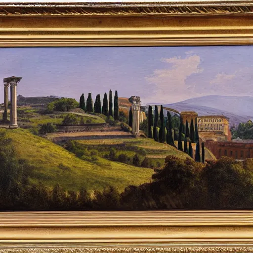 Image similar to a very detailed painting of a hill, ancient rome stands behind it in the distance, thick brush strokes, visible layers of paint.