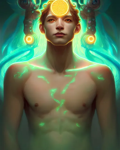 Image similar to one singular portrait of a cute bioluminescent monster boy, mischievous, highly detailed, digital painting, cinematic, hyper realism, dark retrowave, art by stanley lau and artgerm and magali villeneuve and alphonse mucha, artstation, octane render, cgsociety