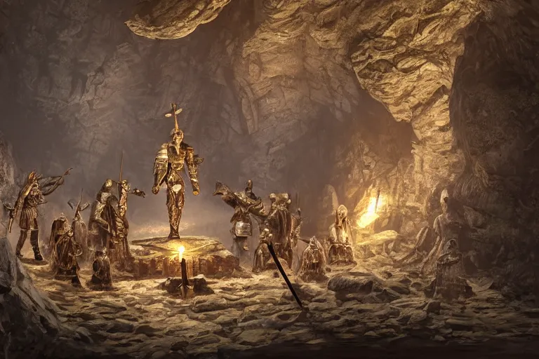 Image similar to A ring of seven centurion statues in a cave standing around an altar with a sword stuck in the altar. fantasy concept art, intricate, elegant, highly detailed, digital painting, artstation, concept art, matte, sharp focus, illustration, art Mattias Snygg