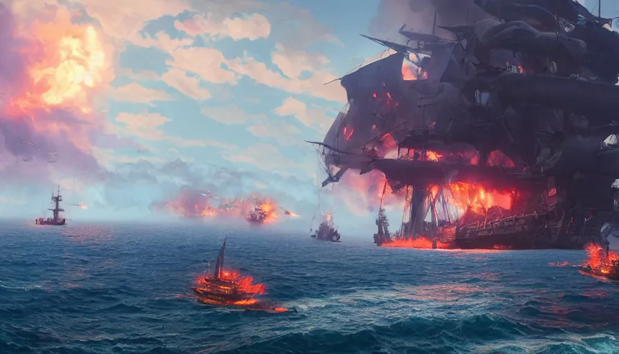 Image similar to A highly detailed matte painting of huge pirate ship battle on the ocean, big fire smokes and big explosions by Studio Ghibli, Makoto Shinkai, by Artgerm, by beeple, by Greg Rutkowski, volumetric lighting, octane render, 4K resolution, trending on artstation, masterpiece