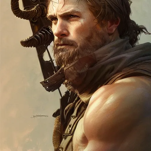 Prompt: portrait of a rugged ranger, muscular, upper body, sword, D&D, fantasy, intricate, elegant, highly detailed, digital painting, matte painting artstation, concept art, smooth, sharp focus, illustration, art by artgerm and greg rutkowski and alphonse mucha