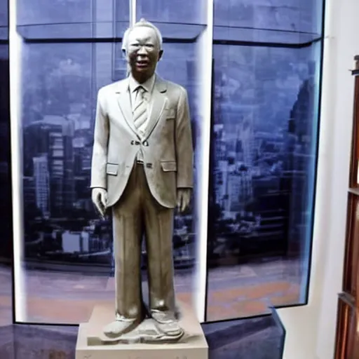 Prompt: photo of a statue of lee kuan yew in a museum