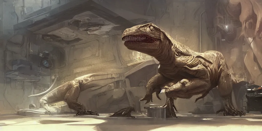 Image similar to huge t - rex lounging in a chair in front of an oven, highly detailed, digital painting, concept art, matte, sharp focus, illustration by artgerm, art by greg rutkowski, art by alphonse mucha