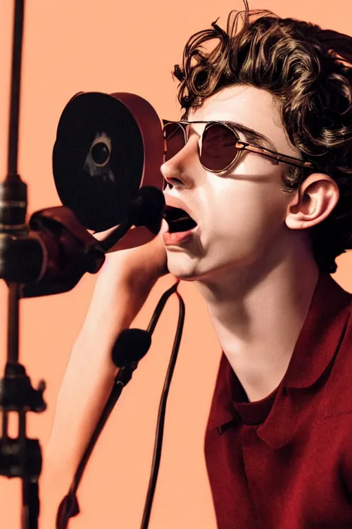 Prompt: Timothee Chalamet singing on stage, portait photo, profile picture, hyperrealistic, concept art, orange sunglasses, day time, octane render, unreal engine 5, digital art, high quality, highly detailed, 8K, cute, defined face, elegant clothes, trending on DeviantArt