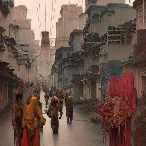 Prompt: art deco streets of the Undying Empire city of ya-Sattra during the Festival of Masks, award-winning realistic painting by Beksinski, Bruegel, Greg Rutkowski, Alphonse Mucha, and Yoshitaka Amano