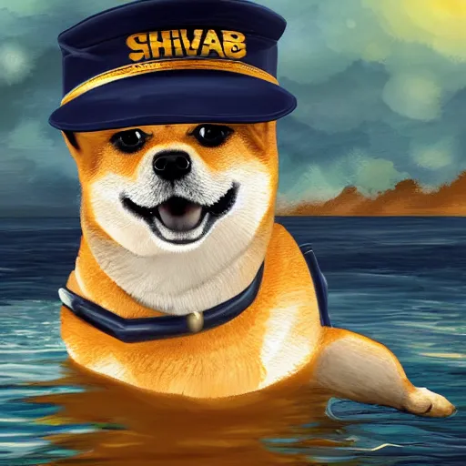 Prompt: a cute shiba inu whith a sailor hat steering a boat, endless sea, digital painting, 4 k, realistic