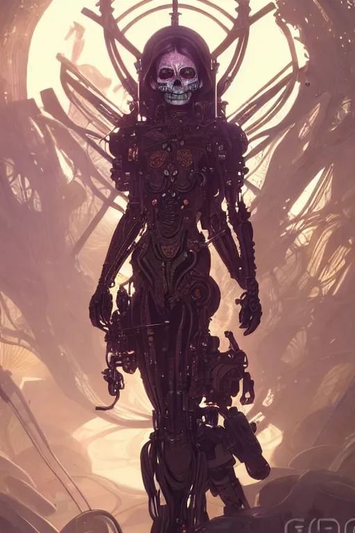 Image similar to ultra detailed female android, scifi, fantasy, octane render, ( dia de los muertos ), asymmetrical, intricate concept art, intricate detailed environment, global illumination, art by godmachine and michael welan and rossdraws and greg rutkowski and alphonse mucha and loish and wlop