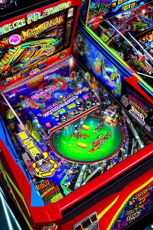 Image similar to a detailed pinball table layout overhead view, game art, realistic digital art, fluorescent colors, halluzinogenic, multicolored, exaggerated detailed, unreal engine