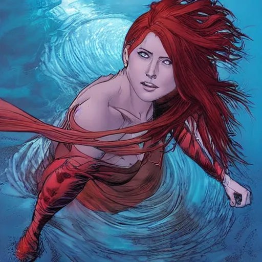 Image similar to a beautiful comic artwork by Jerome Opeña of a woman with red hair coming out of a lake at night, featured on artstation