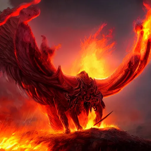 Image similar to ram horned catholic beast brings fire down from the sky, medieval style, trending on artstation, highly detailed, digital painting, volumetric light, concept art, sharp focus, illustration