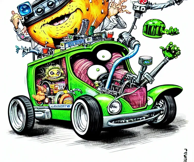 Prompt: cute and funny, mad scientist villain, wearing a helmet, driving a hotrod, oversized enginee, ratfink style by ed roth, centered award winning watercolor pen illustration, isometric illustration by chihiro iwasaki, the artwork of r. crumb and his cheap suit, cult - classic - comic,