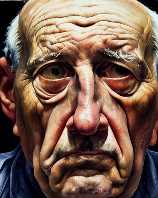 Prompt: an extreme close up portrait a very ordinary old man with an sad expression, side angle, head and shoulders shot, by Lucian Freud and Jenny Saville, oil painting, anatomically correct, beautiful perfect face, visible brushstrokes, sharp focus, Highly Detailed, Cinematic Lighting, 8k, HD