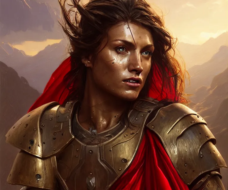 Prompt: epic portrait cinematic shot an spartan woman wearing bronze armor and a red cape, wet flowing brown hair, shiny skin, muscular, mountain backround, fine details. night setting. realistic shaded lighting poster by craig mullism, artgerm, jeremy lipkin and michael garmash, unreal engine, radiant light, detailed and intricate environment, digital art, trending on art station,