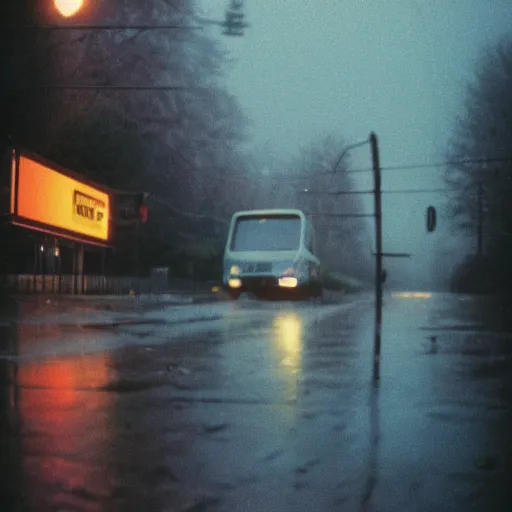 Prompt: 1990s perfect 8K HD professional cinematic photo of a bus stop in dystopian world, at evening during rain, at instagram, Behance, Adobe Lightroom, with instagram filters, depth of field, taken with polaroid kodak portra