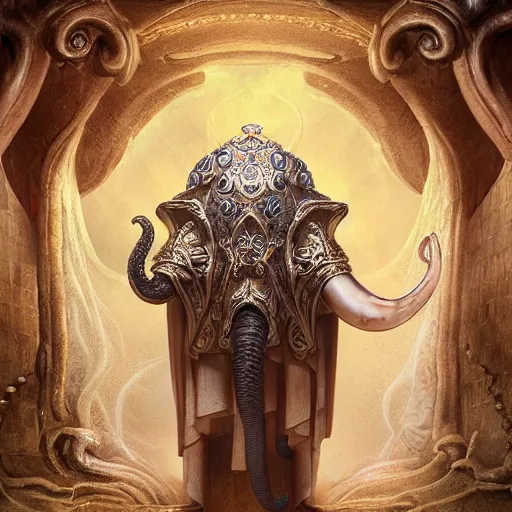 Prompt: mage guardian with elephant head and octopus body in ancient palace, baroque, brutalist, mystical, highly detailed, sharp focus, artgerm, cgsociety