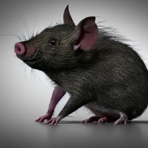 Image similar to a highly detailed realistic photographic render of a rat pig hybrid, creepy, horror, horror scene, cinematic horror, creepy horror, scary scene, cinematic lighting, cinematic scene, Volumetric lighting, Atmospheric scene, Dark, Horror, Atmospheric lighting, Global illumination, realistic, photo realism, hyper realistic, hyper realism, photo realisitc, cinematic render, film, beautifully lit, ray traced, octane 3D render, octane render, unreal engine