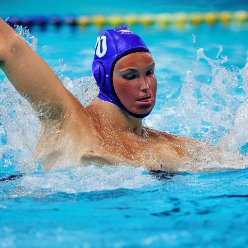 Image similar to a water polo player riding a hippopotamus. sports photograph.