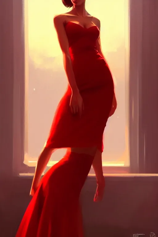 Image similar to dreamy girl character with perfect body in a nice red dress with stunnin makeup, magic vibe, perfect lighting. professional design. great composition, illustration, highly detailed, digital painting, concept art, trending on artstation, by greg rutkowski, by rhads