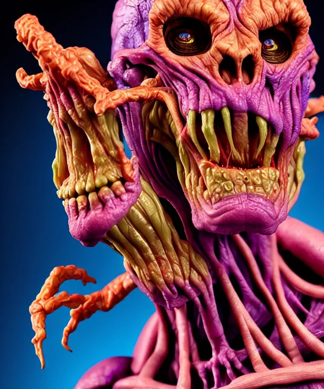 Image similar to hyperrealistic rendering, cronenberg flesh monster skeletor by art of skinner and richard corben and jeff easley, product photography, action figure, sofubi, studio lighting, colored gels