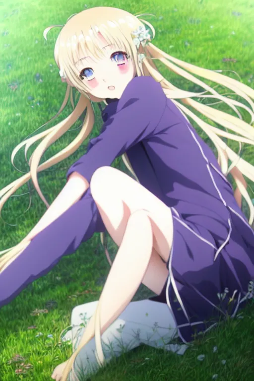 Prompt: anime art full body portrait character concept art, anime key visual of violet evergarden, two long blonde braids and large blue eyes, finely detailed perfect face delicate features directed gaze, laying down in the grass at sunset in a valley, trending on pixiv fanbox, kyoto animation, studio ghibli, extremely high quality artwork