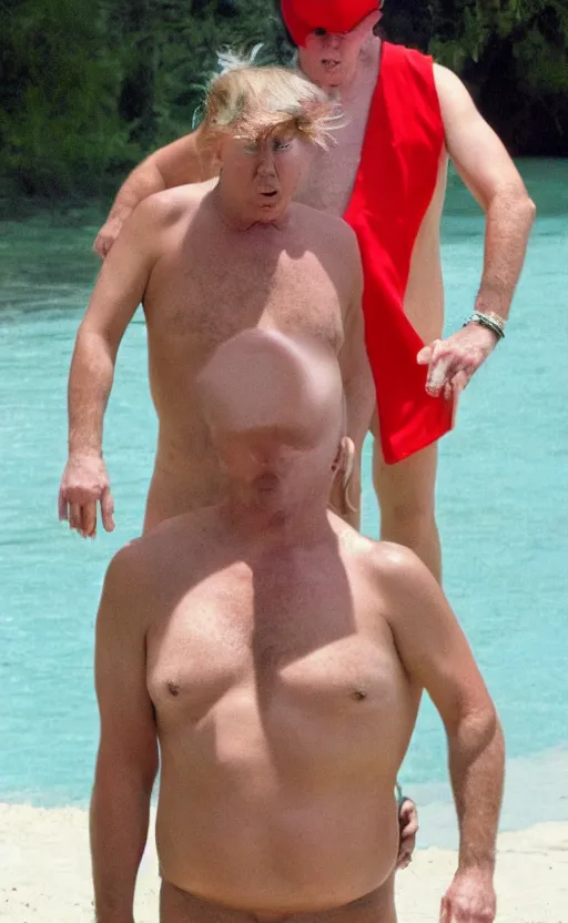 Prompt: high quality photo of donald trump in a borat mankini. hq. hd. award winning