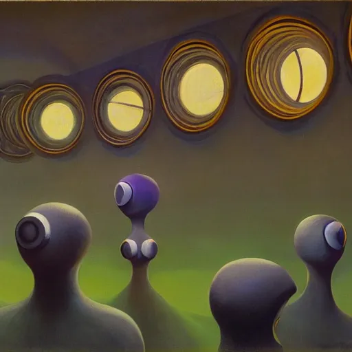 Prompt: three biomorphic robotic seers watchers oracles soothsayers with glowing eyes, inside a dome, pj crook, grant wood, edward hopper, syd mead, chiaroscuro, oil on canvas