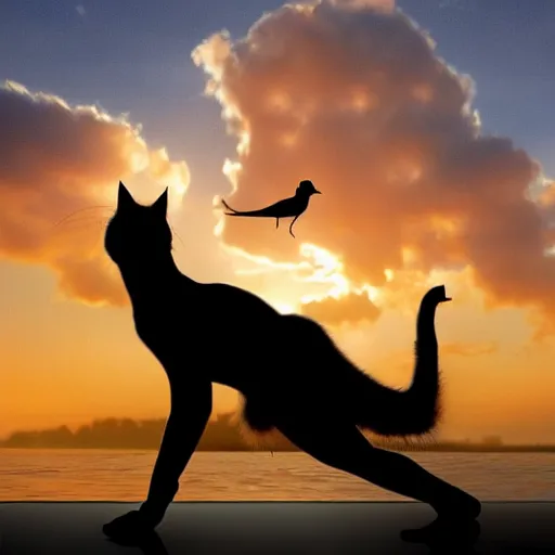 Prompt: a cat is doing yoga with a bird on her head. close - up, beautiful sky, volumetric lighting, sharp focus, ultra detailed, cgsociety - w 1 0 2 4 - n 8 - i