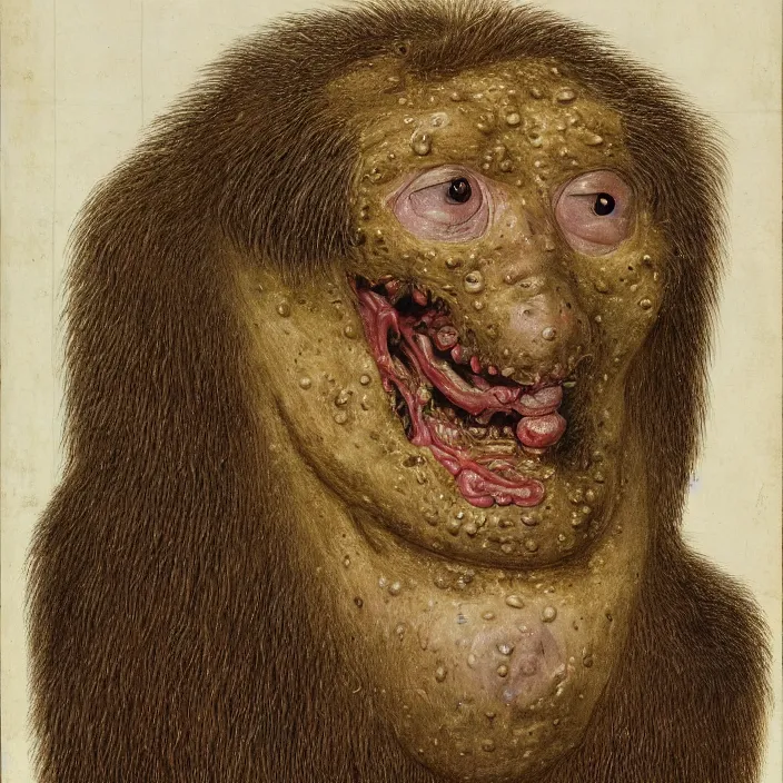 Prompt: close up portrait of a mutant monster creature with cheeks covered in purulent pustules, pimples at different stages, some fresh, some bursting with a whitish fluid ; pleasant, flirty eyes ; teeth lining up the exterior of the mandible, long hair growing out of the nostrils. jan van eyck, audubon