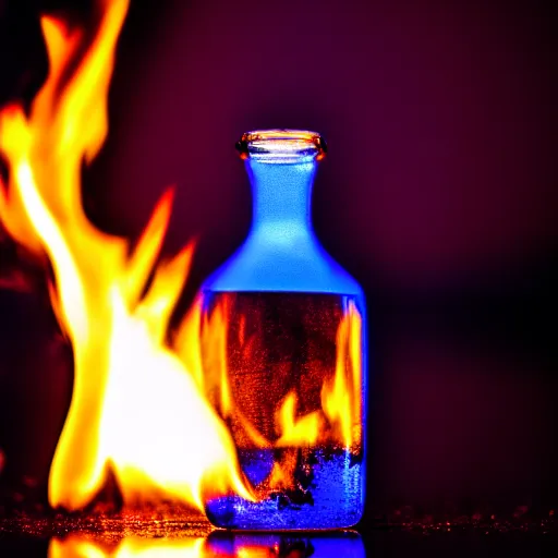 Prompt: blue flame burning inside a bottle, 4 k, photography, highly detailed