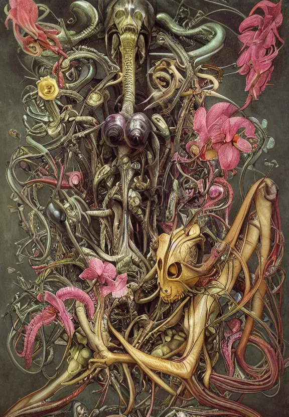 Image similar to simplicity, elegant, colorful muscular eldritch orchids, lilies, flowers, bodies, neon, radiating, honeybees, mandalas, by h. r. giger and esao andrews and maria sibylla merian eugene delacroix, gustave dore, thomas moran, pop art, giger's biomechanical xenomorph, art nouveau