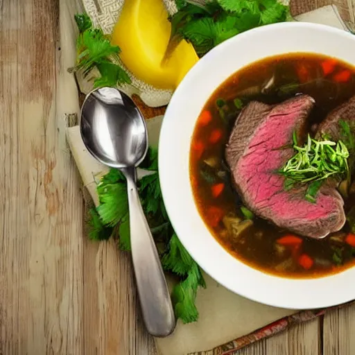 Prompt: a bowl of steak soup on a table lower corner view in the style of studio ghibli, manhwa, painterly, fancy