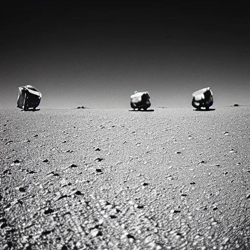 Image similar to astronauts landing on a russet potato, black and white, film grain, light bleed