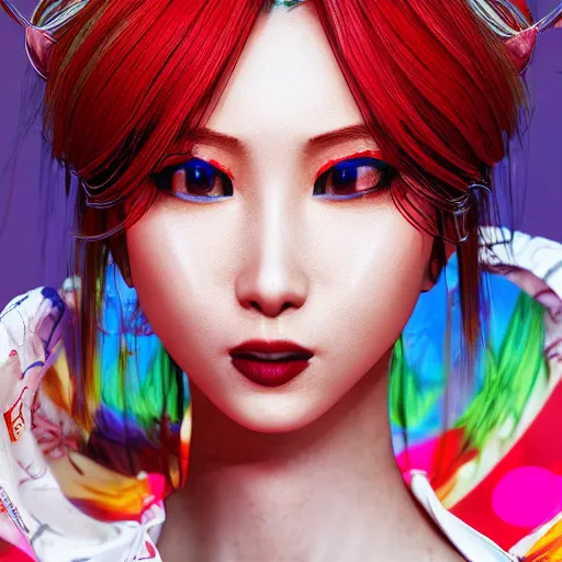 Image similar to Japanese model with maximalist hair style and makeup, bright colors, fashion model, unreal engine octane, red and white, portrait, gliter, depth of field, 8k, hyper detailed, intricate, trending on artstation